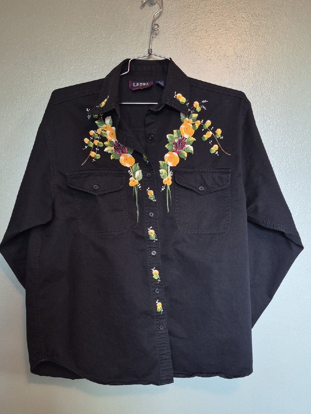 Hand Painted Floral Lasha Shirt Large Button Front Black
